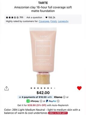 Tarte Amazonian Clay Foundation, Shade 26N Light-Medium Neutral